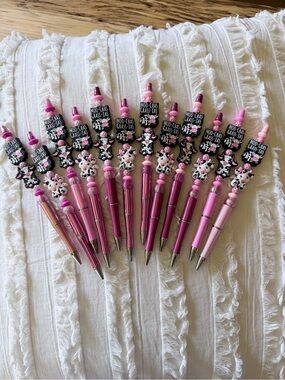 Beaded Pink Cow-Themed Ballpoint Pen Set of 12